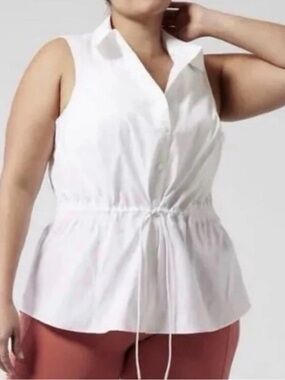 Athleta Levitate Poplin Tank -White Sleeveless Drawcord Collared Poplin Top 1x
